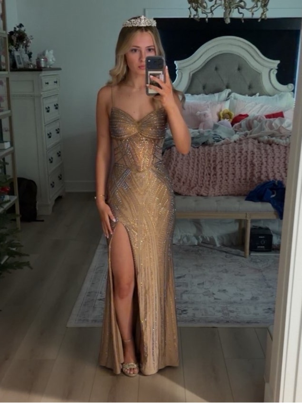 Sherri Hill Gold Strapless Sequin Gown with Thigh Slit
